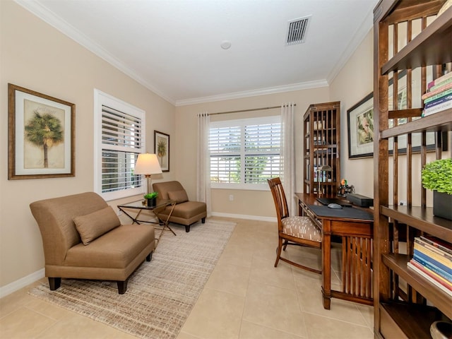 office area featuring crown molding and light tile flooring