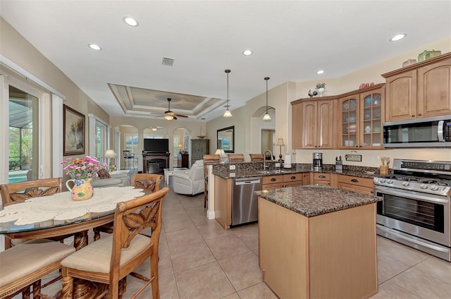 kitchen with kitchen peninsula, ceiling fan, a tray ceiling, stainless steel appliances, and hanging light fixtures