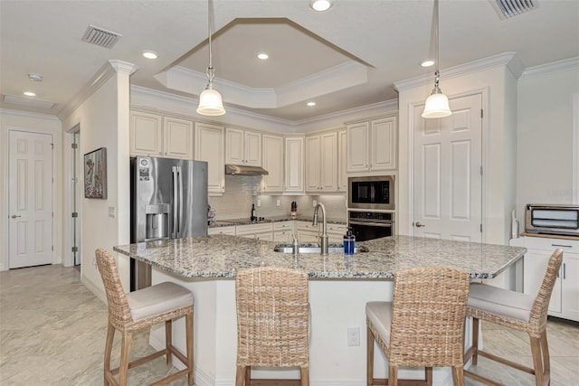 kitchen featuring appliances with stainless steel finishes, a kitchen bar, sink, a raised ceiling, and pendant lighting