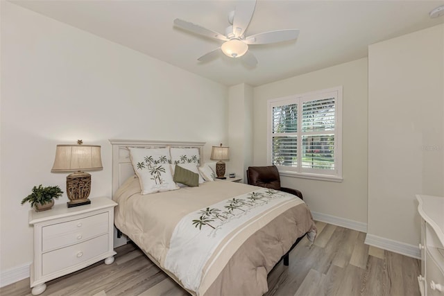 bedroom with light hardwood / wood-style flooring and ceiling fan