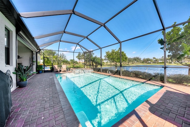 view of swimming pool featuring a water view, glass enclosure, and a patio area