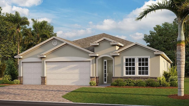 ranch-style house featuring a garage and a front yard