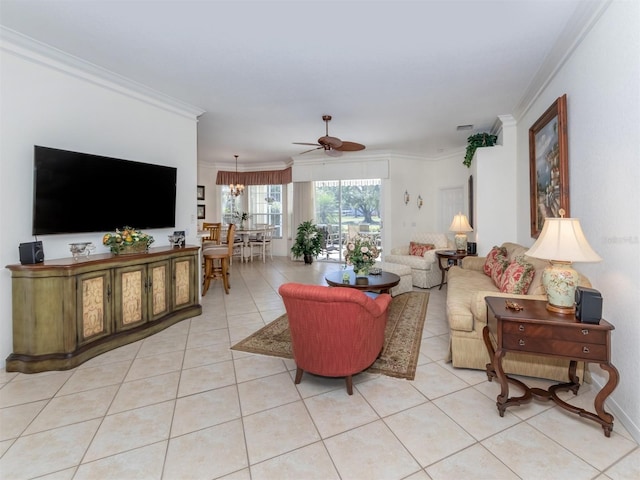 tiled living room featuring ornamental molding and ceiling fan with notable chandelier