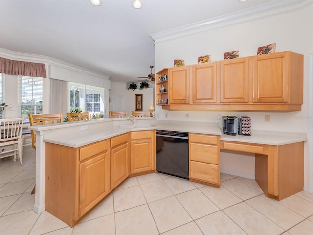 kitchen featuring dishwasher, sink, ornamental molding, light tile patterned floors, and kitchen peninsula