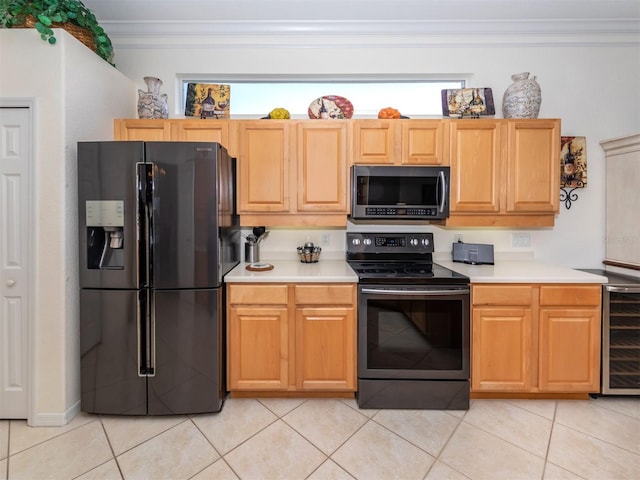 kitchen featuring wine cooler, stainless steel range with electric stovetop, light tile patterned floors, crown molding, and black refrigerator with ice dispenser