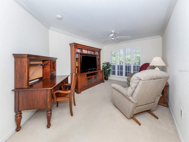 living room featuring crown molding, light colored carpet, and ceiling fan