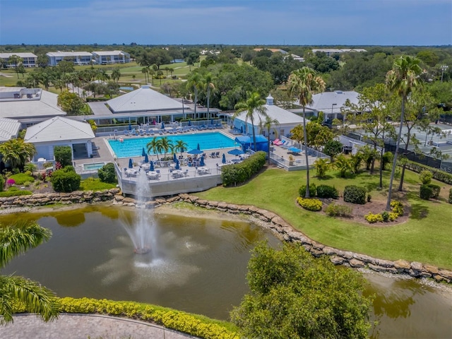 drone / aerial view with a water view