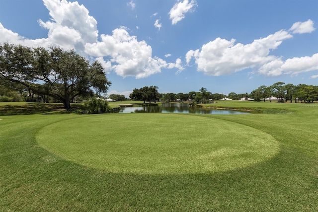 view of property's community with a water view and a yard