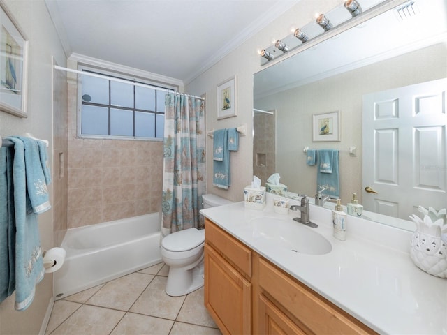 full bathroom with crown molding, shower / tub combo, tile patterned floors, and toilet