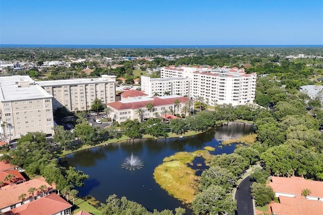 bird's eye view with a water view