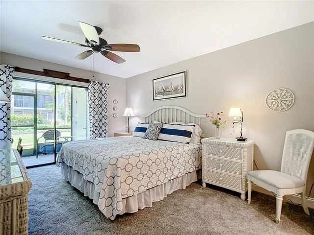 carpeted bedroom with ceiling fan and access to exterior