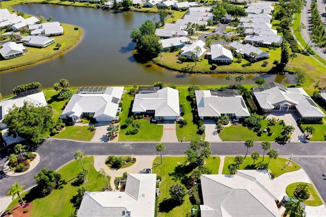 drone / aerial view with a water view