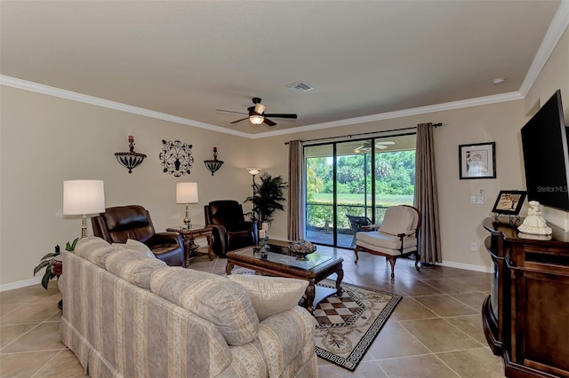 living room with ceiling fan, crown molding, and tile flooring