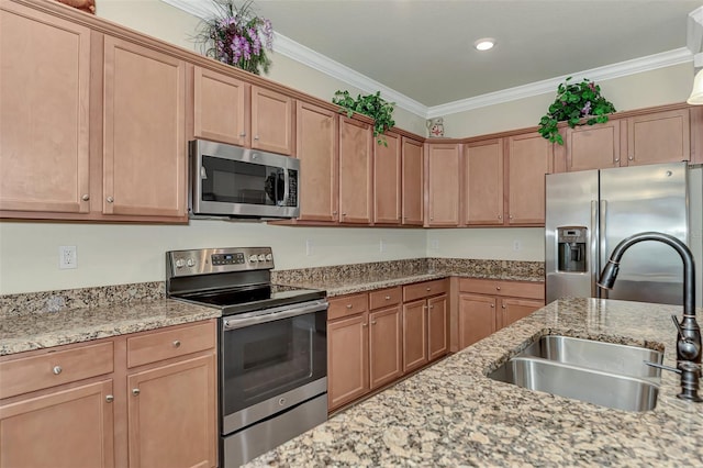 kitchen featuring ornamental molding, appliances with stainless steel finishes, sink, and light stone counters