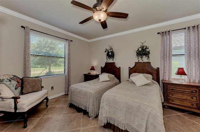 tiled bedroom featuring crown molding and ceiling fan