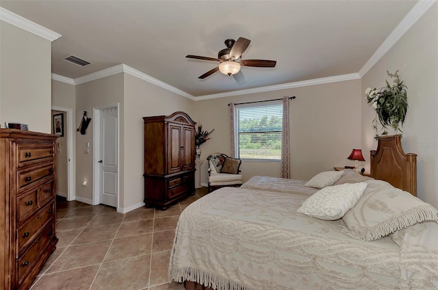 bedroom with crown molding, tile flooring, and ceiling fan