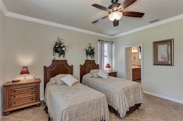 tiled bedroom featuring crown molding, ceiling fan, and ensuite bathroom