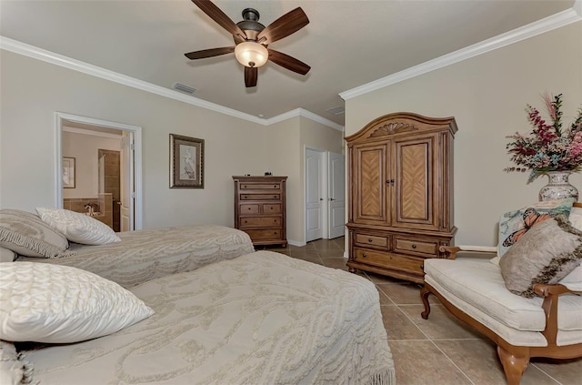 tiled bedroom featuring ceiling fan, crown molding, and ensuite bath