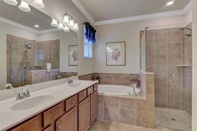 bathroom featuring tile flooring, double vanity, and separate shower and tub