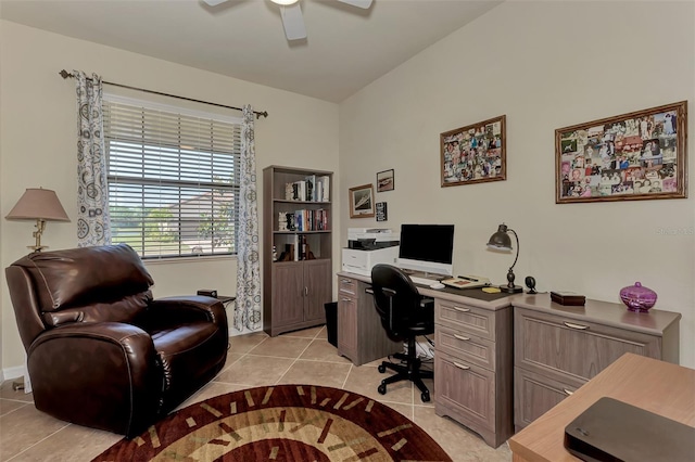 home office featuring ceiling fan and light tile floors