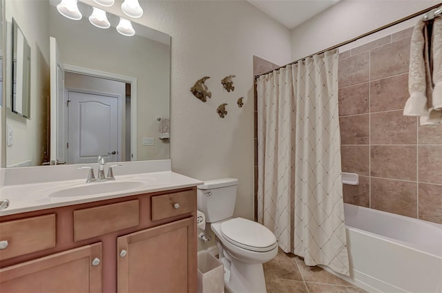 full bathroom featuring tile flooring, oversized vanity, toilet, and shower / bath combo with shower curtain