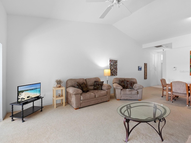 living room with light carpet, ceiling fan, and lofted ceiling