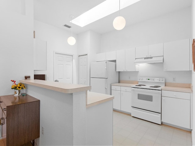 kitchen featuring a skylight, white appliances, white cabinets, and decorative light fixtures