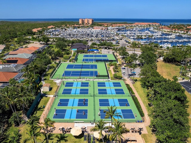 bird's eye view with a water view