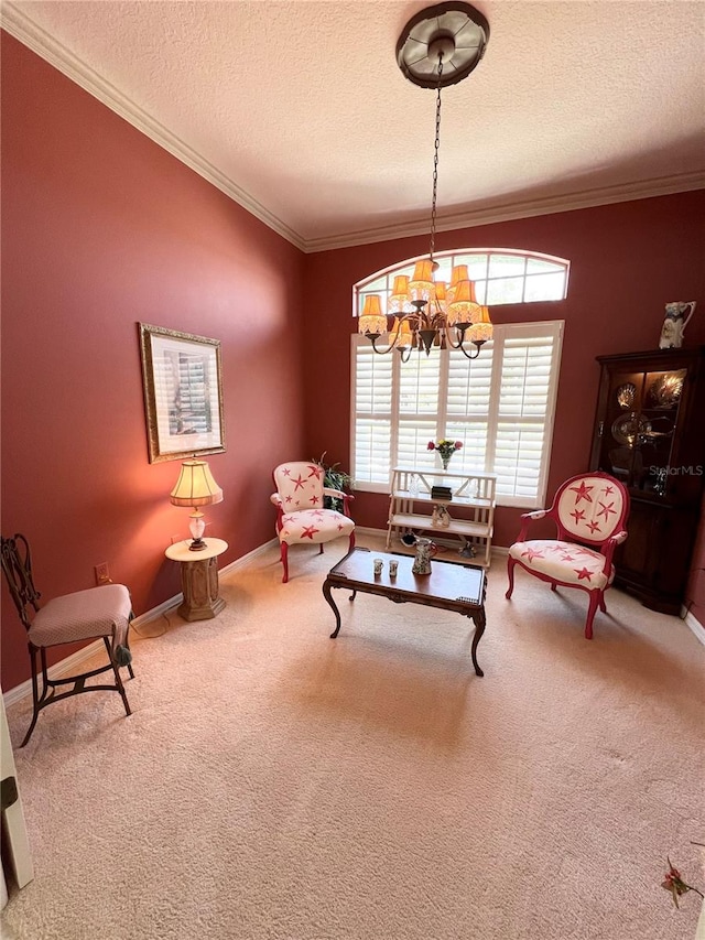 living area featuring crown molding, carpet, a chandelier, and a textured ceiling