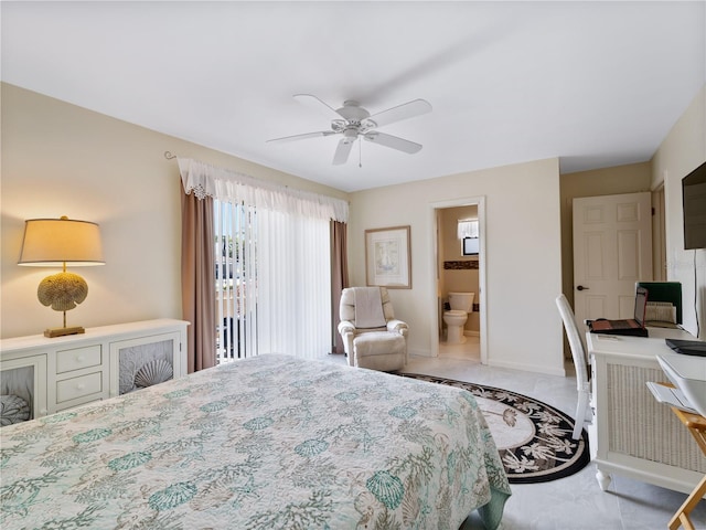 bedroom featuring ceiling fan, ensuite bathroom, and tile patterned flooring