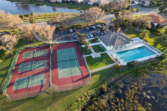 bird's eye view with a water view