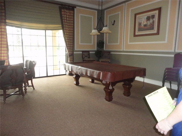 recreation room with ornamental molding, carpet floors, and pool table