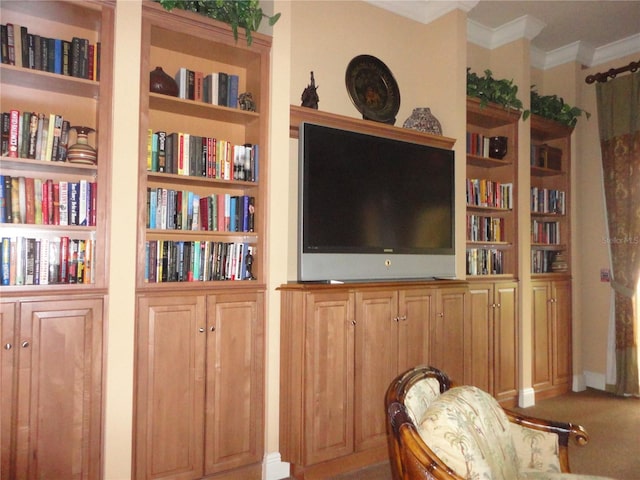 interior space with ornamental molding, carpet, and built in shelves