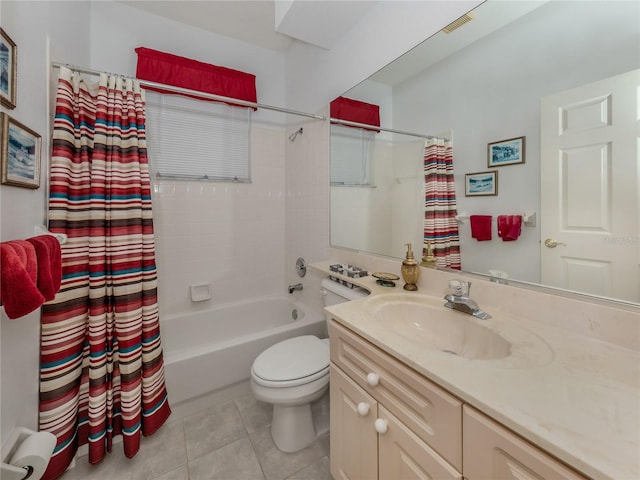 full bathroom featuring tile flooring, vanity, toilet, and shower / tub combo with curtain