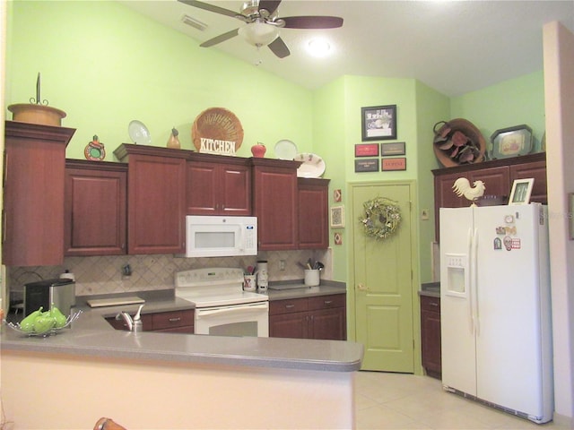 kitchen with backsplash, ceiling fan, white appliances, and light tile floors