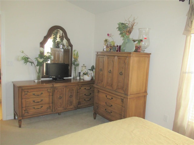 bedroom featuring light colored carpet