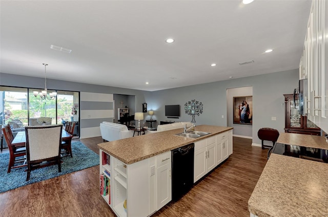 kitchen with sink, white cabinetry, a kitchen island with sink, and dark hardwood / wood-style floors