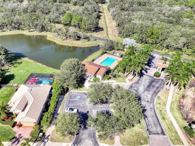 drone / aerial view featuring a water view