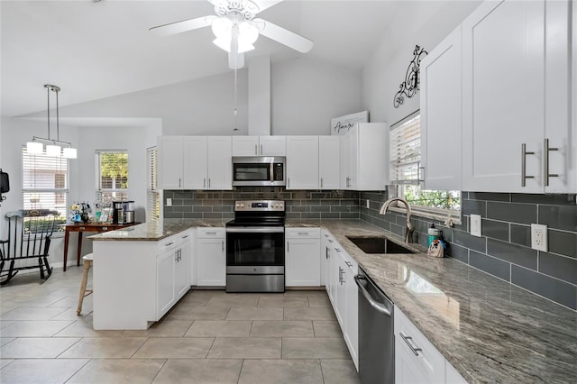 kitchen with appliances with stainless steel finishes, hanging light fixtures, ceiling fan, tasteful backsplash, and sink