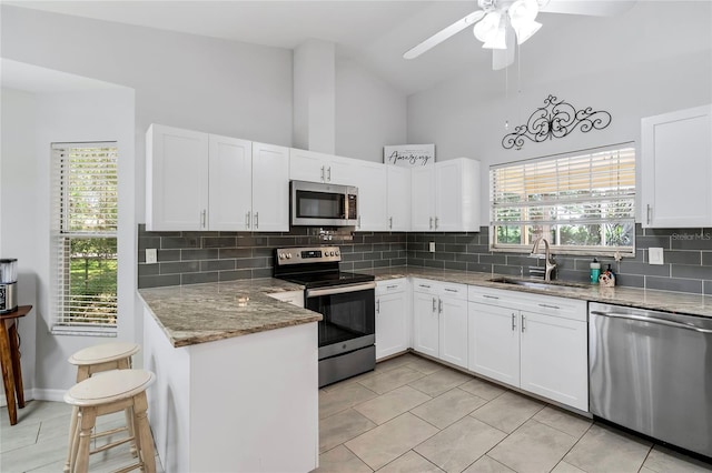 kitchen featuring high vaulted ceiling, a wealth of natural light, sink, and stainless steel appliances