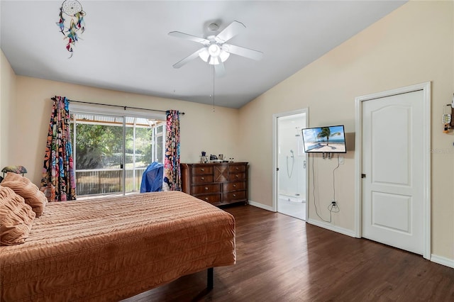 bedroom with high vaulted ceiling, dark hardwood / wood-style flooring, ceiling fan, and ensuite bathroom