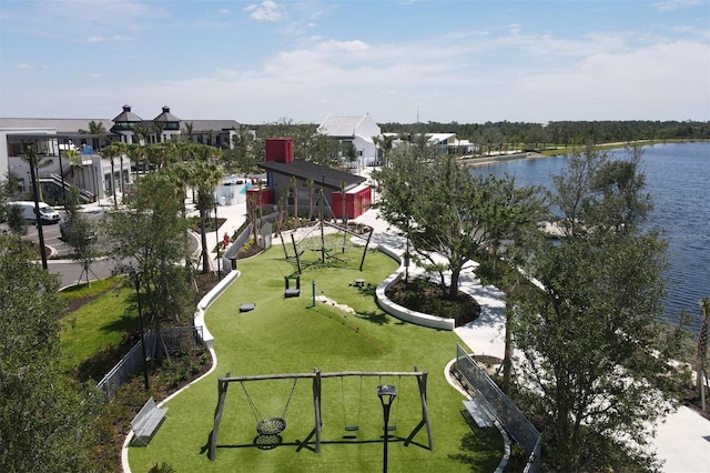 aerial view featuring a water view