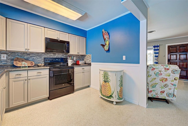 kitchen with decorative backsplash, crown molding, and black appliances