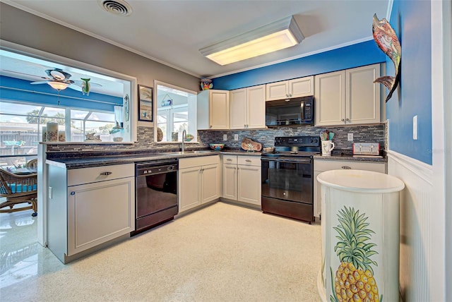 kitchen featuring backsplash, black appliances, sink, ceiling fan, and ornamental molding