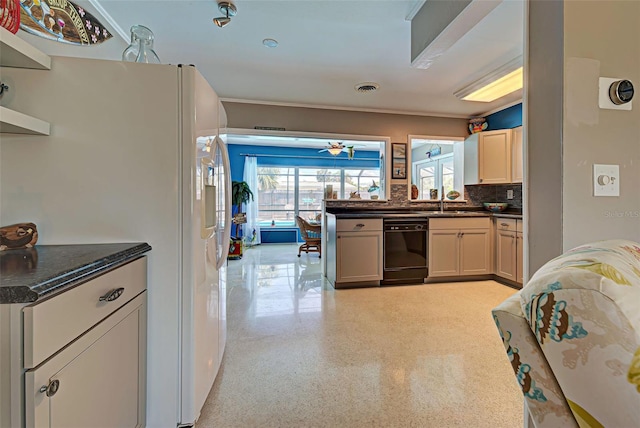 kitchen with dishwasher, sink, ceiling fan, tasteful backsplash, and extractor fan