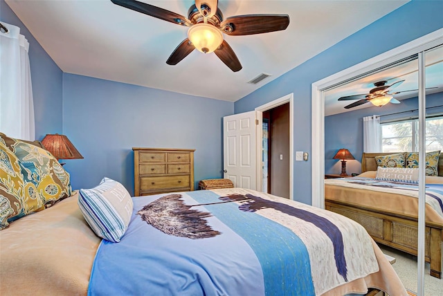 bedroom featuring carpet floors and ceiling fan