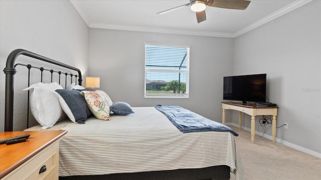 bedroom with light carpet, crown molding, and ceiling fan