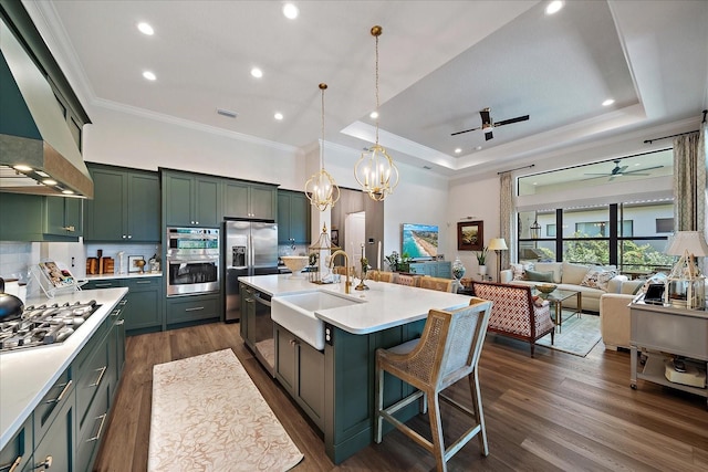 kitchen with sink, premium range hood, a kitchen island with sink, stainless steel appliances, and decorative light fixtures