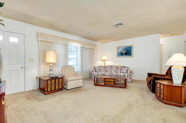 carpeted living room with a textured ceiling