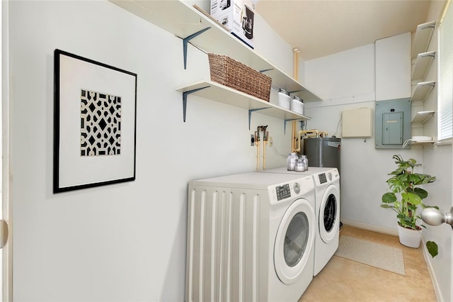 472 Circlewood Dr Unit L9, Venice, FL 34293 - laundry area featuring washer and dryer, electric panel, electric water heater, and baseboards